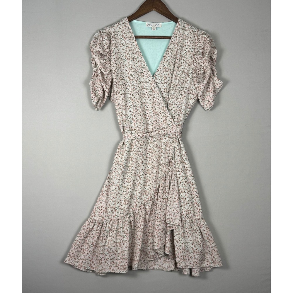 She + Sky Wrap Dress Women Large Pink Floral Ruffle Mini Excellent SS9412